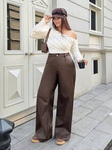 Rivivi 大码女式弹力涂层工装裤，棕色仿皮裤，休闲宽松复古风格，春秋季 - 巧克力棕 - 查看 4