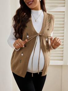 SHEIN 孕妇休闲花卉刺绣针织背心，秋季 - 摩卡棕 - 查看 5