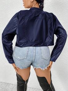 SHEIN ICON Plus Size Women's Motorcycle Zip-Up Short Leather Jacket - Navy Blue - View 2