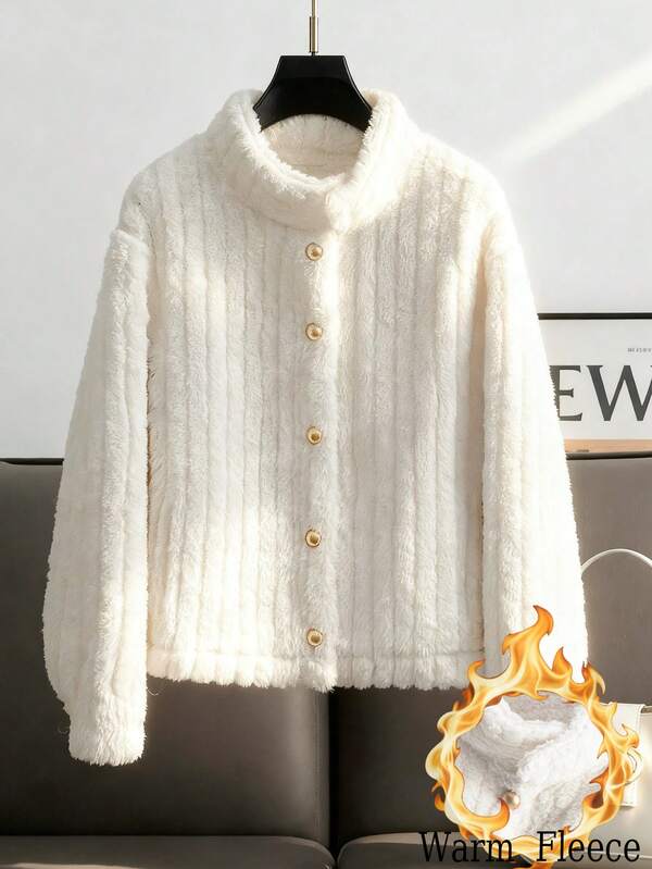 Regalyn Plus Size Women's Autumn/Winter Hot Selling Metal Buckle Lapel Long Sleeve Elegant Faux Fur Jacket, Suitable For Daily Commute, Party, Outing, Metal Buckle Decorated Jacket, Faux Fur Jacket, Women Faux Fur Coat