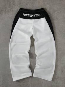 Manfinity Roghcode Men's Casual Fashion Street Letter Print Contrast Color Patchwork Drawstring Waist Loose Wide Leg Pants - White - View 2
