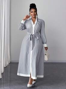 Maweii Plus Size Long Sleeve Casual Striped Elegant Commuter Shirt ...