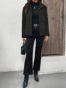 EMERY ROSE 女式纯色简约日常拉链保暖羊毛夹克 - 黑色 - 查看 4