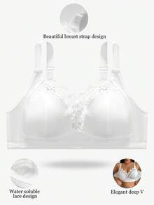 大码优雅纯色蕾丝拼接无钢圈文胸 - 白色 - 查看 4