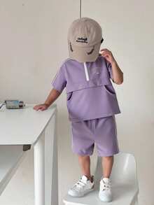 SHEIN 2pcs/Set Boy's Sports Style Purple Woven Half-Zip Top And Shorts Set, Suitable For Outdoor Activities, Summer - Purple - View 9