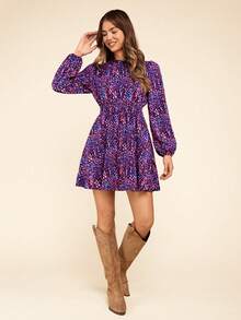 Coeurva Women's Lantern Sleeve Printed Dress - Multicolor - View 2
