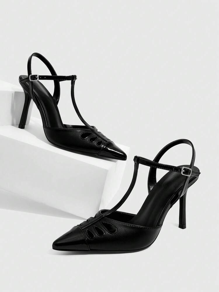 CUCCOO SZL Black PU Hollow-Out Pointed Toe Fashionable Sexy Business Elegant Stiletto High Heel Pumps