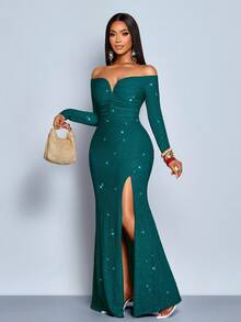 SOLERSUN Women's Fashionable Elegant V-Neck Off Shoulder Mermaid Hem Cocktail Party Night Club Bodycon Sexy Dress, Suitable For Christmas Party Vacation & Dating - Dark Green - View 5