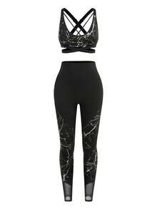 Innovista Ensemble de sport réfléchissant pour femme la nuit. Imprimé animal classique, imprimé marbre qui brille dans le noir. Tenues de sport légères et respirantes, crop top brassière, leggings avec poche pour téléphone et carte. Deux pièces pour un look athleisure quotidien, cyclisme, style utilitaire chic, élégant noir, style de Noël, vêtements de sport automne/hiver, avec panneau en maille - Noir - Voir 5