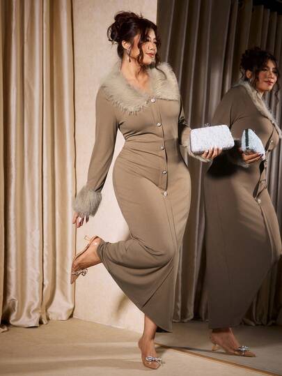 Cravure 大码女装秋冬新款仿毛领修身针织连衣裙，温柔优雅紧身连衣裙，可拆卸仿毛领针织连衣裙，优雅大方的一扣设计，合身迷人