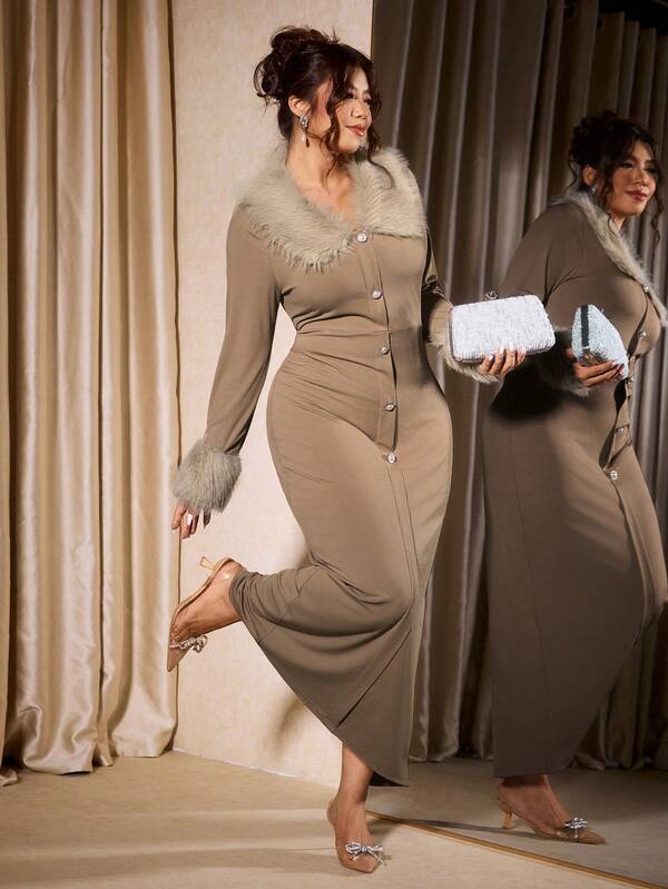 Cravure 大码女装秋冬新款仿毛领修身针织连衣裙，温柔优雅紧身连衣裙，可拆卸仿毛领针织连衣裙，优雅大方的一扣设计，合身迷人