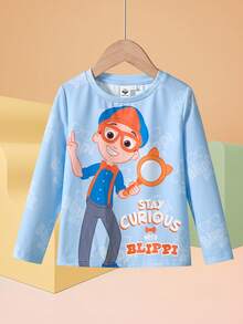 Blippi X SHEIN Young Boy Cartoon Graphic Crew Neck Long Sleeve T-Shirt - Blue - View 1