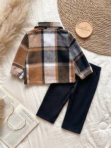 SHEIN 2件套男婴棕色格子灯芯绒二合一套装和黑色灯芯绒裤子 - 彩色 - 查看 2