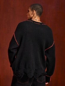ROMWE MEN Friday the 13th X ROMWE Men's Mask Pattern Crew Neck Long Sleeve Pullover Sweater, Winter - Black - View 2