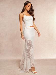 Silquee 两件套女士不对称荷叶边蕾丝吊带背心和不对称下摆半裙，优雅套装，适合婚礼季、情人节、圣诞节、约会、派对、休闲场合。 - 白色 - 查看 7