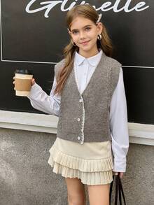 Tween Girl Contrast Lace Button Up Cardigan, Back To School For Tween Girl Autumn/Winter Look Fall - Grey - View 6