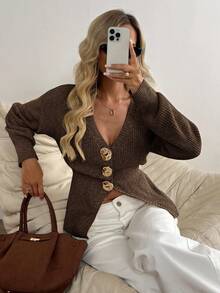 Easowa New Autumn Casual Dropped Shoulder Cinched Waist Elegant Cardigan For Women Button Up Cardigan Brown Sweater Coffee Brown Top Brown Cardigan Chocolate Brown Top,Fall,Fall Clothes For Women,Winter Clothes For Women - Coffee Brown - View 6