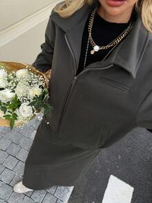 DAZY Women's Autumn/Winter Zip-Up Cardigan With Collar And Straight Long Skirt 2 Pieces Casual Set - Dark Grey - View 6