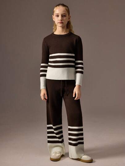 2pcs/Set Girls Sweater Set For Autumn/Winter, Top With Fashionable Color Block Trim, Classic Coffee & White Striped, Korean Casual Style Crew Neck Sweater Paired With Matching Wide Leg Pants, Versatile For Daily Casual, Shopping, Outdoor, School And More