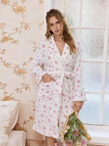 CottageSlumber Cozy Romantic Ditsy Floral Long Sleeve Belted Fluffy Robe, Winter - White - View 1