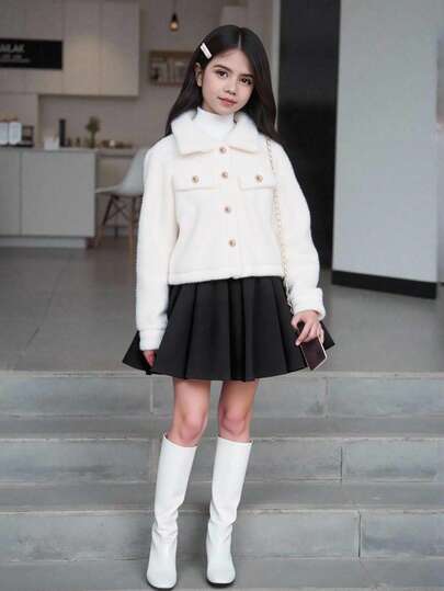 SHEIN Tween Girl Clean Long Sleeve Furry Collar Jacket