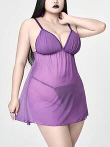 ROMWE Kawaii Plus Size Cute Mesh Babydoll Dress With Bow, Lingerie - Purple - View 5