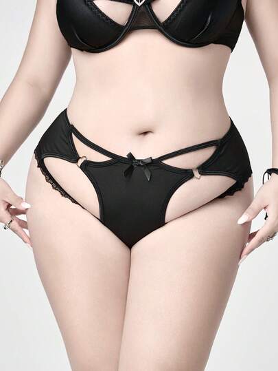 Culotte tanga gothique grande taille avec boucle métallique en forme de cœur et dentelle, pièce unique