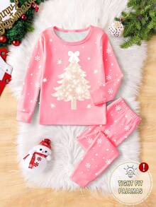 1 套年轻女孩圣诞主题睡衣，夜光圣诞树和雪花 PriSnug Fit 长袖上衣和裤子，舒适睡衣套装，节日礼物 - 粉色 - 查看 3