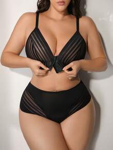 SHEIN 2 piezas Conjunto de lencería sexy con parches de malla de talla grande - Negro - Ver 1