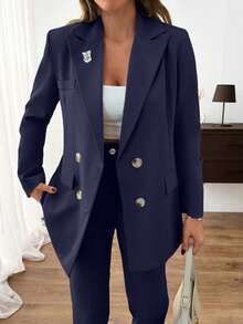 EURMUSE Women Solid Color Suit Sets Blazer Jacket And Pants Rhinestone And Button Front Detailed - Navy Blue - View 6