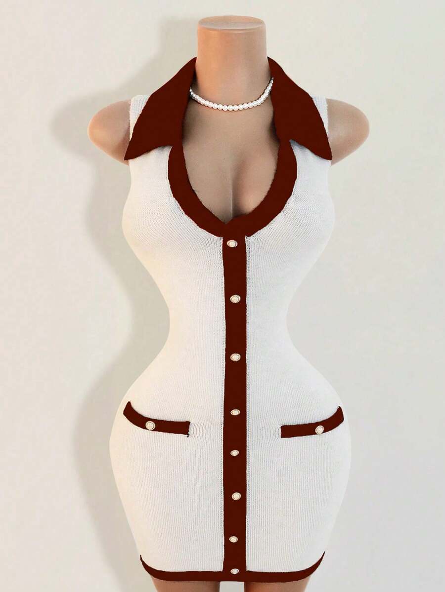 Mistrie Black And White Waist Cinched Women's Sweater Dress, Mini Knit Sweater Dress With Contrasting Collars, Casual And Sexy Spring And Summer Women's Clothing That Meets Basic Travel Needs - Red and White - View 1