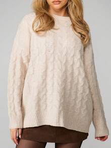 AiiRZ Chunky Cable Knit Sweater Cozy Winter Fall Pullover Crewneck Long Sleeve Casual Knitwear - Beige - View 4