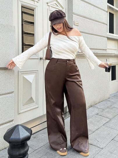Rivivi 大码女式弹力涂层工装裤，棕色仿皮裤，休闲宽松复古风格，春秋季
