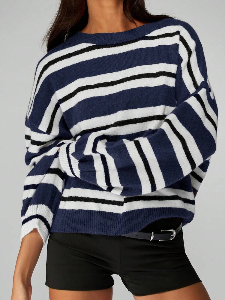 MISSGUIDED Oversized Striped Jumper Pullover Sweater With Boxy Fit For Fall Winter Casual Knit Top