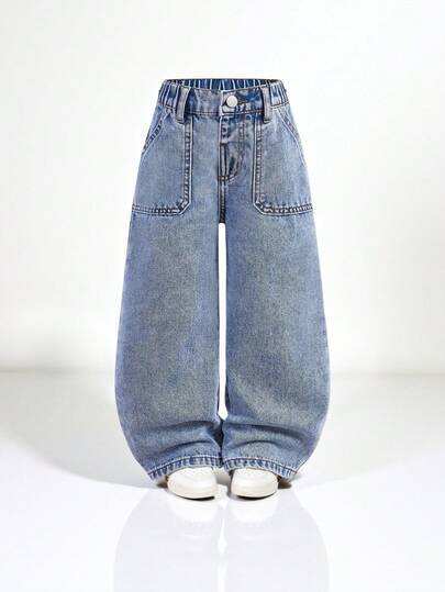 SHEIN Explorewe 女童基础款休闲蓝色水洗阔腿牛仔裤，方形口袋设计，优雅复古风格，柔软牛仔面料，Y2K必备时尚单品，日常百搭，适合上学、通勤、外出等场合，秋季新品上市