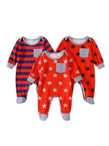 3pcs/Set Infant Boys' Red Star & Stripe Print Contrast Gray Pocket Romper Pajamas Casual Outfit - Multicolor - View 5