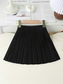 SHEIN 女童毛衣连衣裙，黑色A字百褶裙，柔软舒适，休闲学院风，适合日常穿着、外出、上学、春秋季节穿着。 - 黑色 - 查看 2