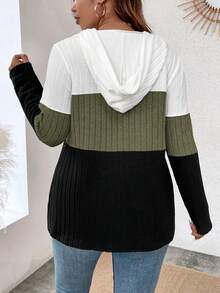 EMERY ROSE Plus Size V-Neck Ring Zipper Decor Long Sleeve Soft Knitted Ribbed Fuzzy Tricolor Contrast Splice Casual Sweatshirt - Multicolor - View 2