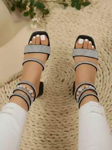 Mujer Sandalia Lujo Brillantes Punta Cuadrada Multi-Tiras Tacón Bajo Glamour Fiesta Verano - Negro - Ver 3