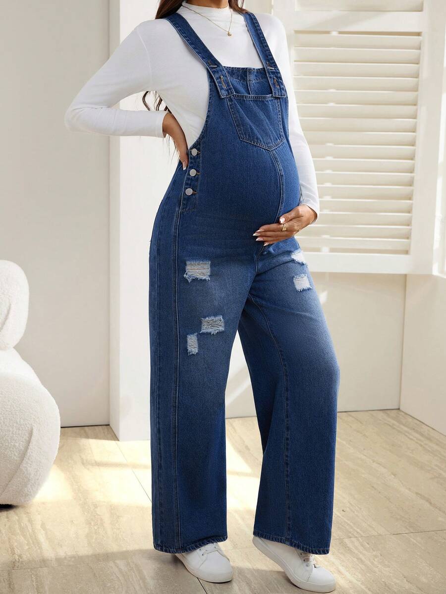 SHEIN Pregnant Women Pocket Design Distressed Wide Leg Loose Casual Denim Jumpsuit