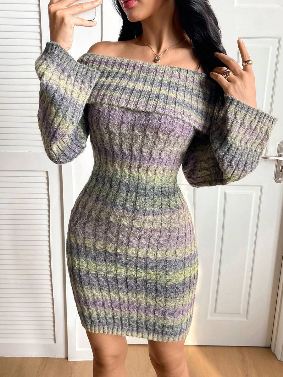 Modelyn 女士优雅彩色条纹露肩扭纹针织连衣裙，秋冬 - 彩色 - 查看 1
