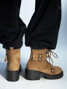 Sugerpunk 女士休闲时尚搭扣系带踝靴，秋冬款 - 棕色 - 查看 7