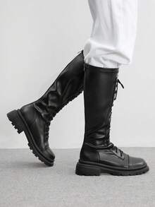 CUCCOO BIZCHIC ​​Lace-Up Knee-High Boots | Glossy Leather Finish | Adjustable Lacing System | Chunky Anti-Slip Sole | Urban Street Style Boots | 2 Pairs, Premium Faux Leather​​ - Black - View 5
