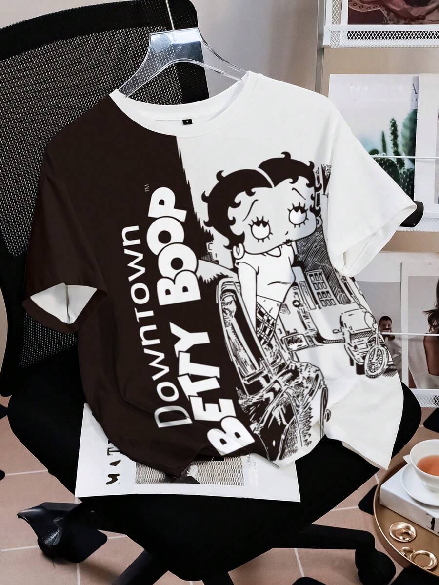 Betty Boop x SHEIN Women's Casual Daily Commute Fashion Street Cartoon Character & Letter Print Black White Splice Short Sleeve T-Shirt, Summer Graphic Tops Anime T Shirt Cartoon Shirts Cartoon Graphic Tee - White - View 1