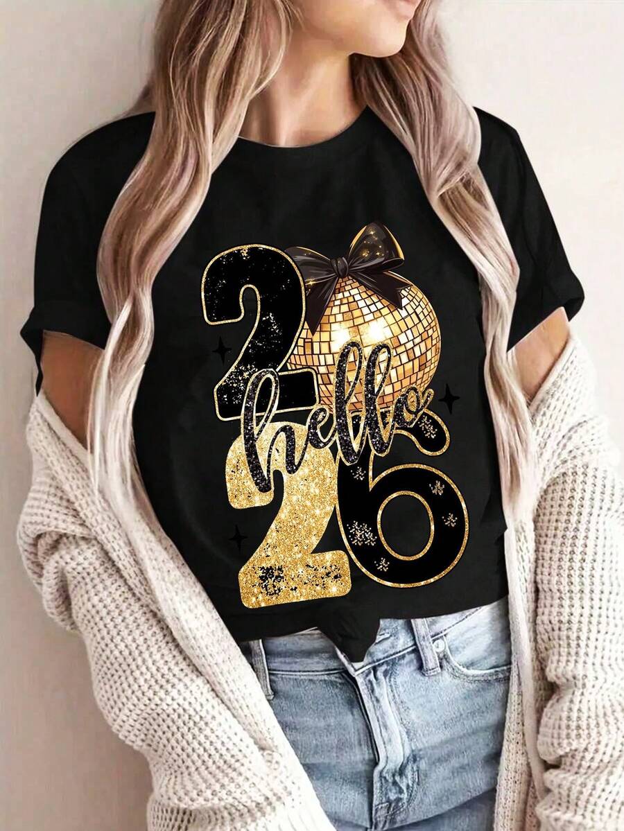 EMERY ROSE Women's Casual Numeric Print Round Neck Short Sleeve T-Shirt, Versatile - Black - View 1