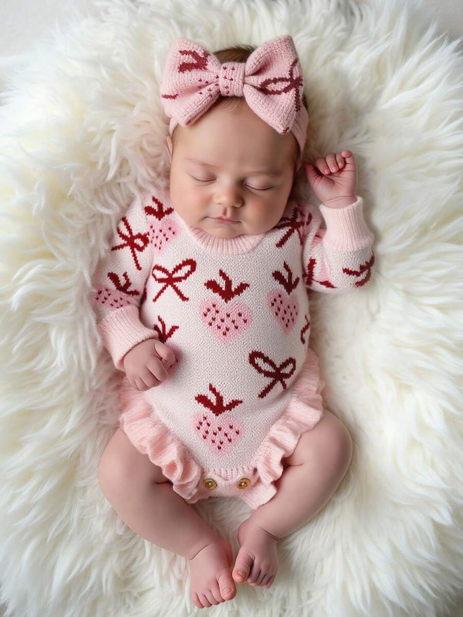 SHEIN 2 件套针织新生儿摄影连体衣带蝴蝶结头带针织 1 个月 100 天女婴草莓蝴蝶结毛衣拍照服装婴儿照片道具 - 彩色 - 查看 1