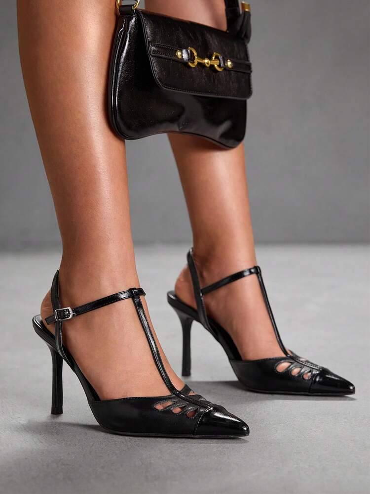 CUCCOO SZL Black PU Hollow-Out Pointed Toe Fashionable Sexy Business Elegant Stiletto High Heel Pumps