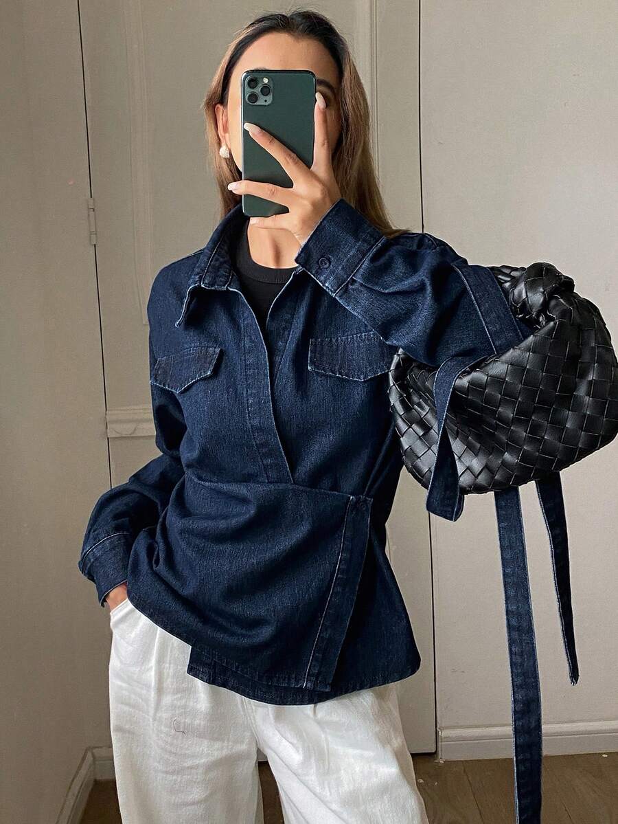 DAZY 女士翻领系带裹身式休闲牛仔长袖衬衫 - 中等水洗藍 - 查看 1