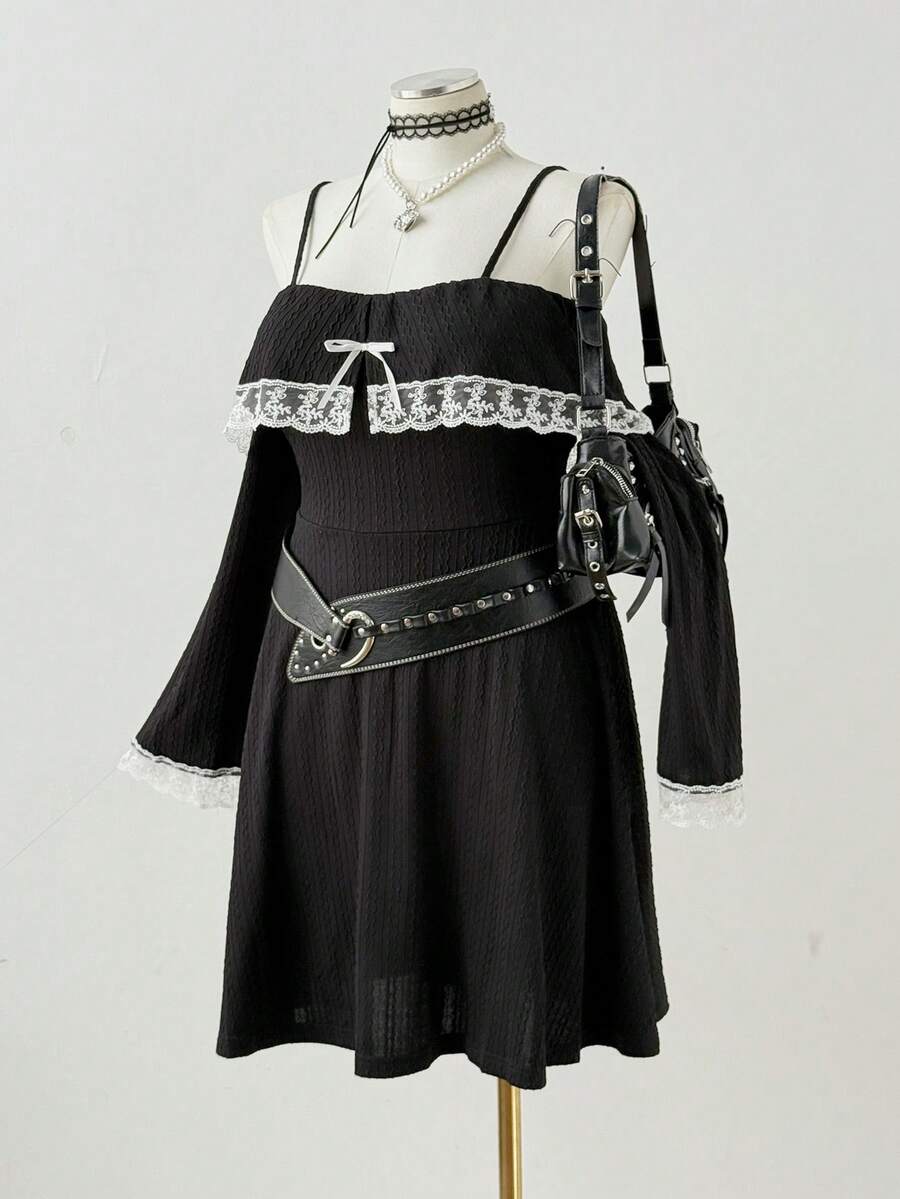 Sunspun Plus Size Elegant Lace Trim Off-Shoulder Camisole Dress - Black - View 1