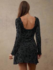 WESTFADE 花卉网纱V领蝴蝶结前襟长袖修身A字迷你连衣裙，休闲可爱秋季服装，波西米亚风穿搭，适合秋冬季节，女士西式服装 - 黑色 - 查看 2